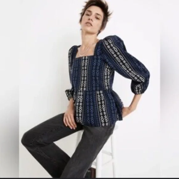 XL Madewell Blue and White Geometric Peplum Top - Picture 4 of 15